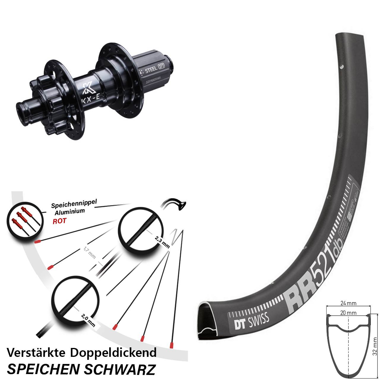 Hinterrad 6-Loch 28 Zoll DT Swiss RR 521 KX-E 8-12 fach HG 12x142