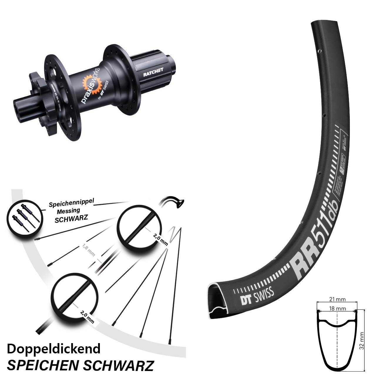 DT Swiss RR 511-350 28 Zoll 6-Loch Hinterrad 12x142 8-11 fach HG