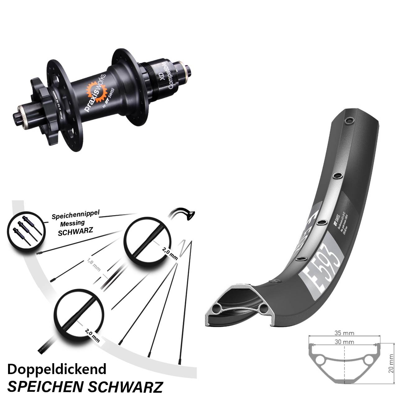 DT Swiss E593-350 29 Zoll Disc Hinterrad für Schnellspanner SRAM XD