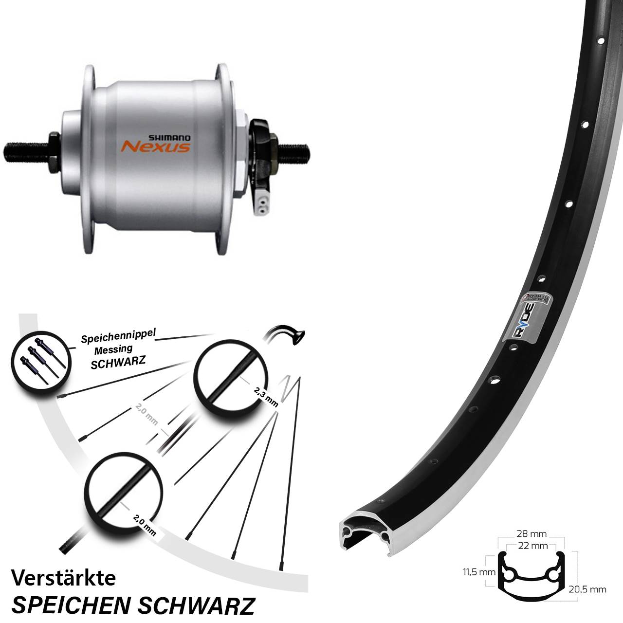 Nabendynamolaufrad 27,5 Zoll Ryde Andra 35 Shimano Nexus DH-C3000-3N Vollachse