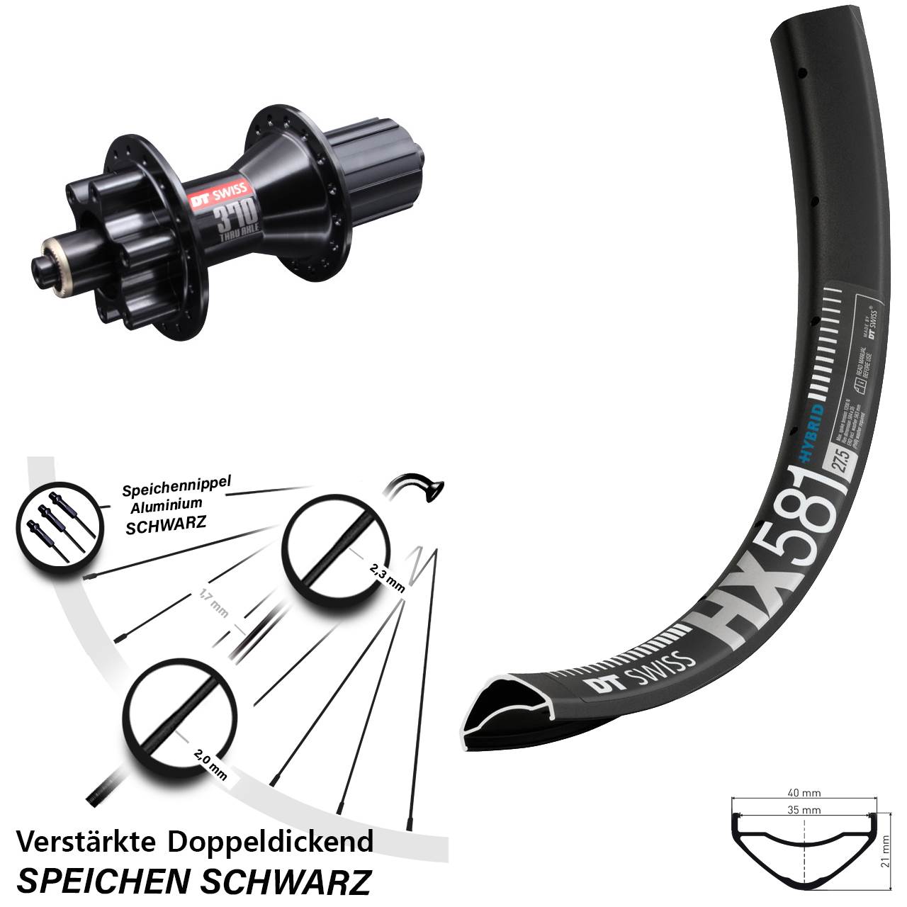 DT Swiss HX581 DT Swiss 370 Hybrid 27,5 Zoll Disc Hinterrad QR 8-11 fach HG