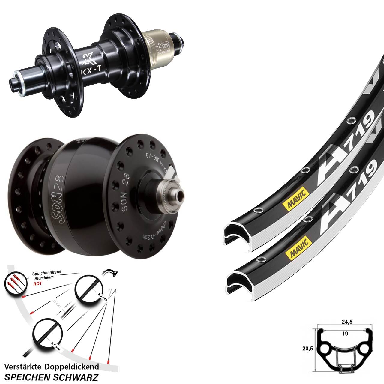 SON 28 Zoll Mavic A719 KX-T Laufradsatz für Schnellspanner SRAM XD