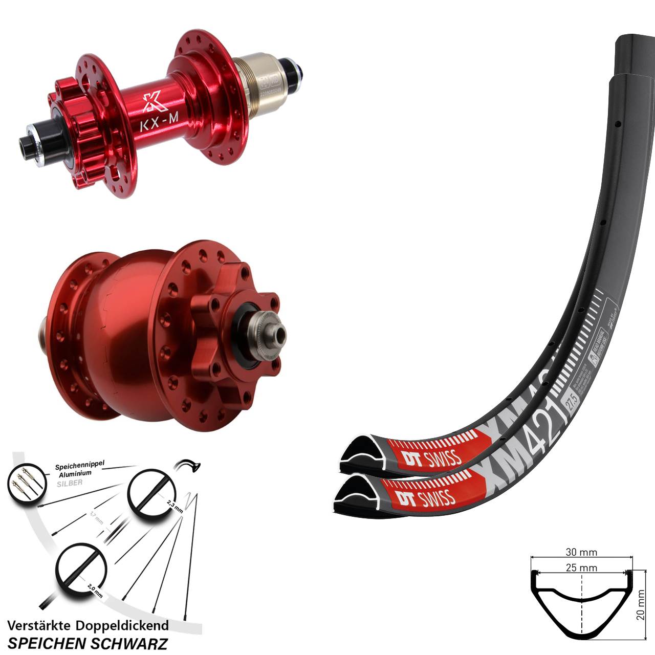 6-Loch Laufradsatz 29 Zoll DT Swiss XM421 KX-M rot SON 28 SRAM XD für Schnellspanner