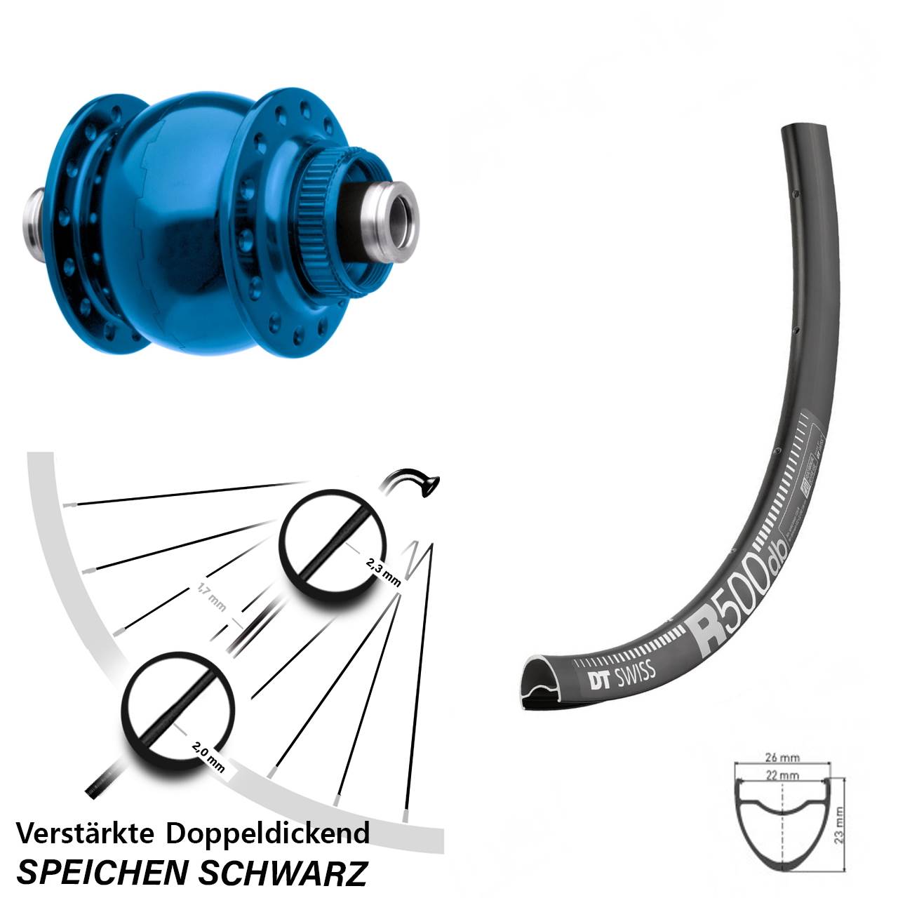 Nabendynamovorderrad Centerlock 12x100 28 Zoll DT Swiss R 500 SON28 blau