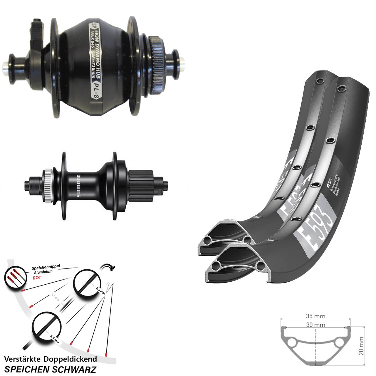 Disc Laufradsatz QR 29 Zoll DT Swiss E 593 Shimano FH-MT500 SP PL-8 Micro Spline