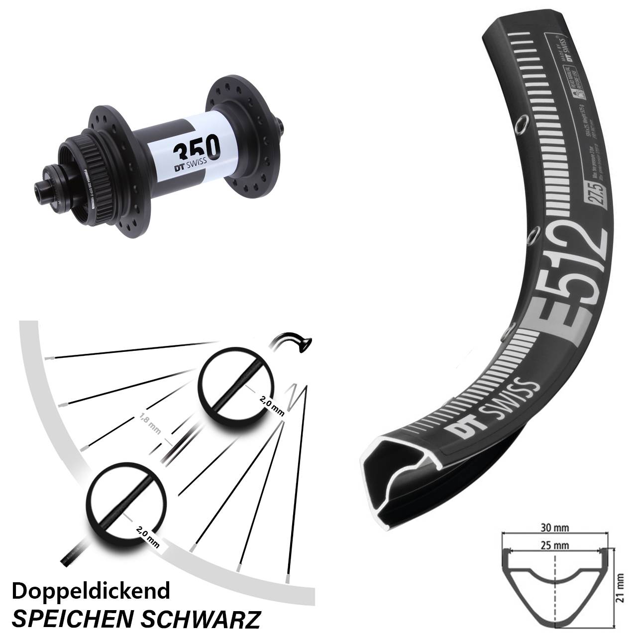 DT Swiss E 512-350 27,5 Zoll Vorderrad Centerlock für Schnellspanner
