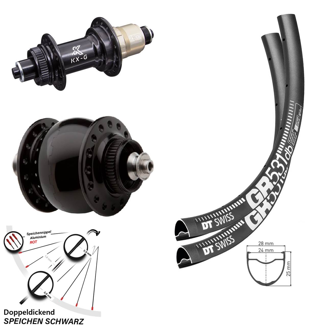 Laufradsatz Gravel DT Swiss GR 531 mit Nabe KX-G Sram XD-R Dynamo SON delux Disc