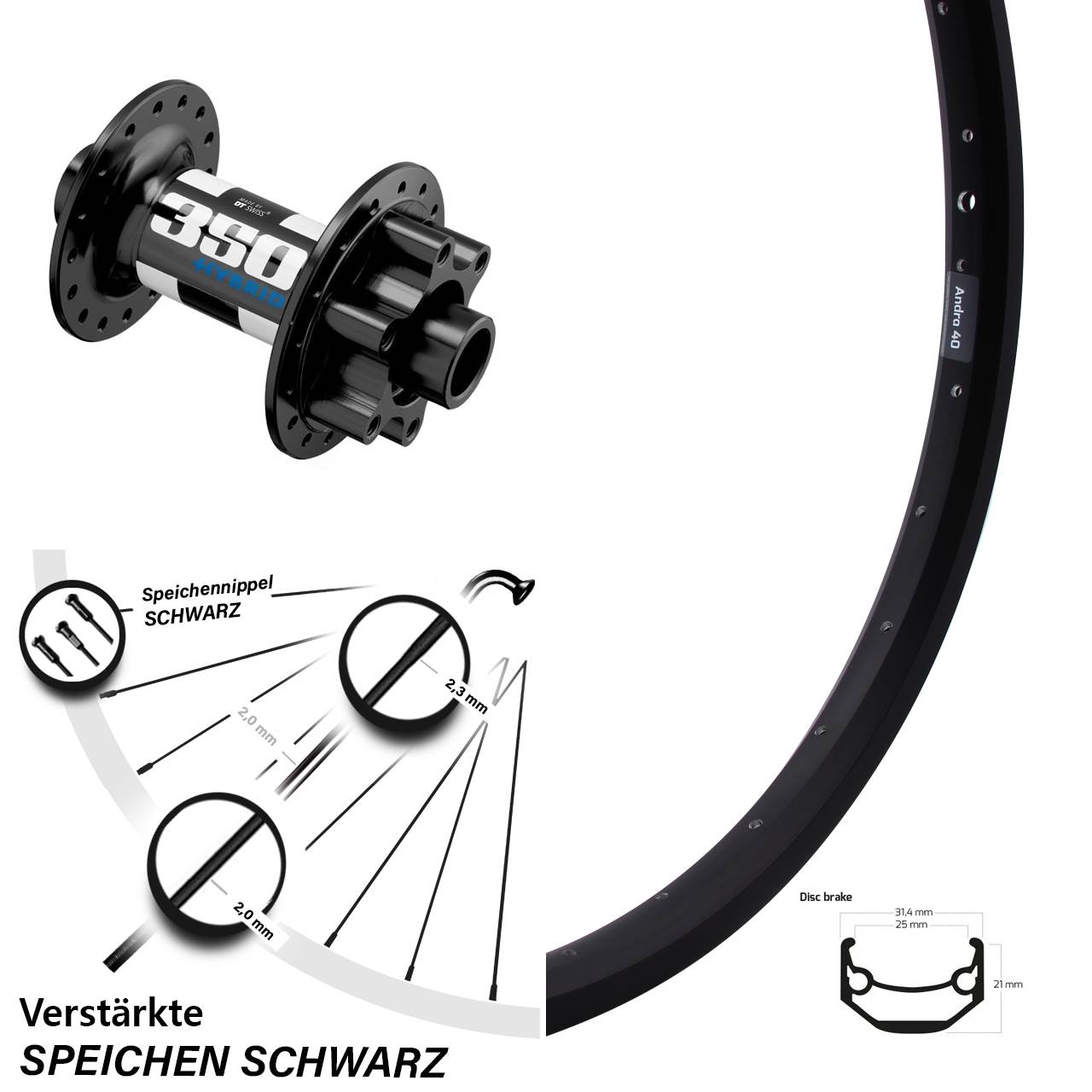 20 Zoll Vorderrad Ryde Andra 40 Disc DT Swiss 350 Boost Hybrid