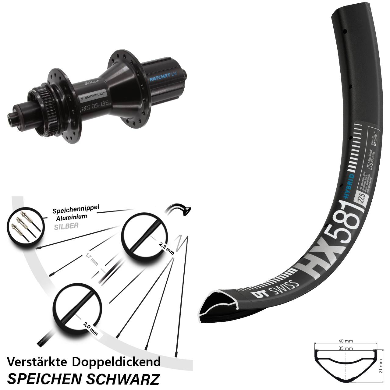 DT Swiss HX 581-370 Hybrid 27,5 Zoll Centerlock Hinterrad für Schnellspanner 8-11 fach