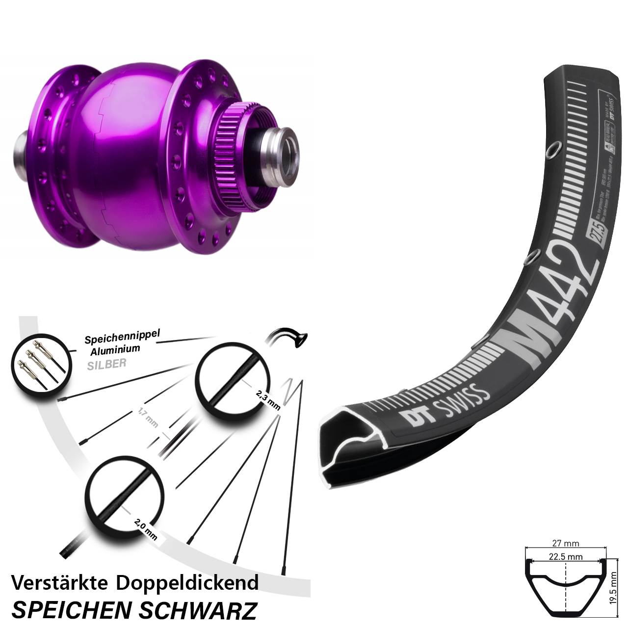 SON 28 violett DT Swiss M442 Zoll Nabendynamovorderrad Centerlock 12x100