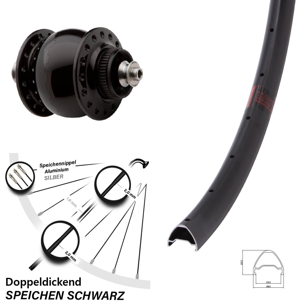 Nabendynamo-Vorderrad Centerlock 26 Zoll KX Clue SON delux QR