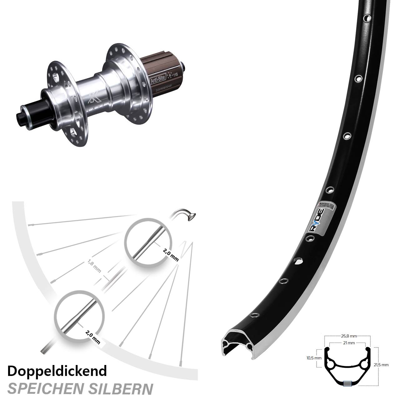 27,5 Zoll Hinterrad Felgenbremse Ryde ZAC 421 mit Nabe KX-T 135 mm silbern eloxiert