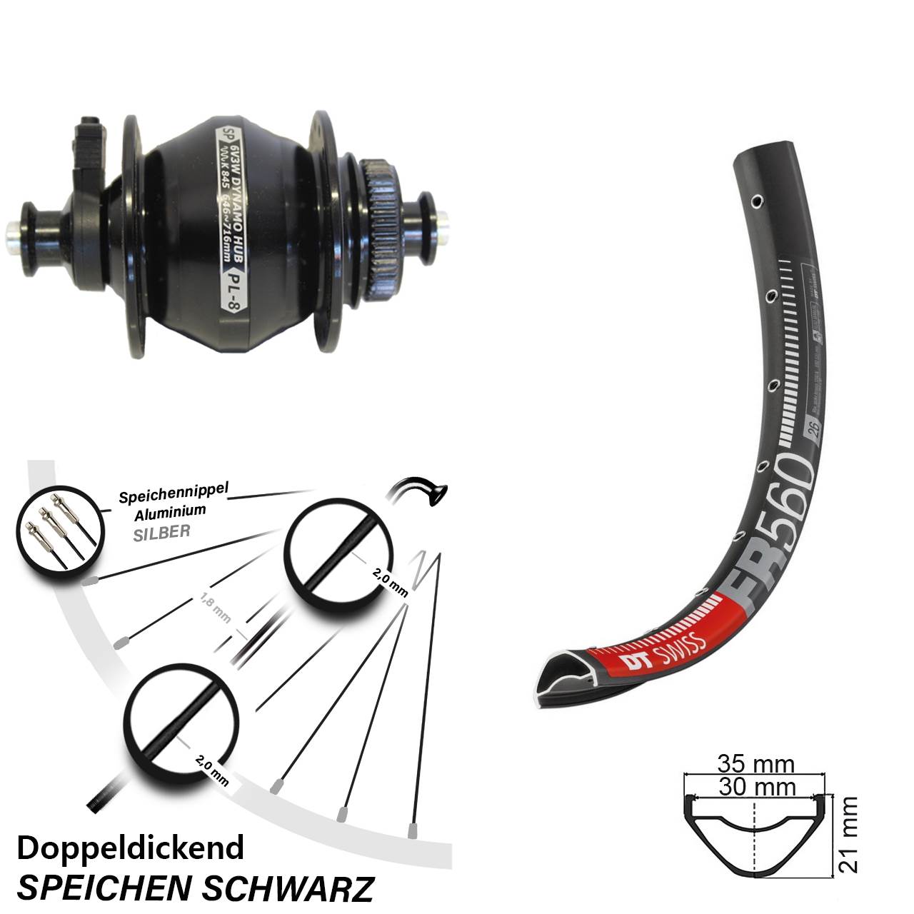 Disc Nabendynamovorderrad 26 Zoll DT Swiss FR 560 Shutter PL-8 QR