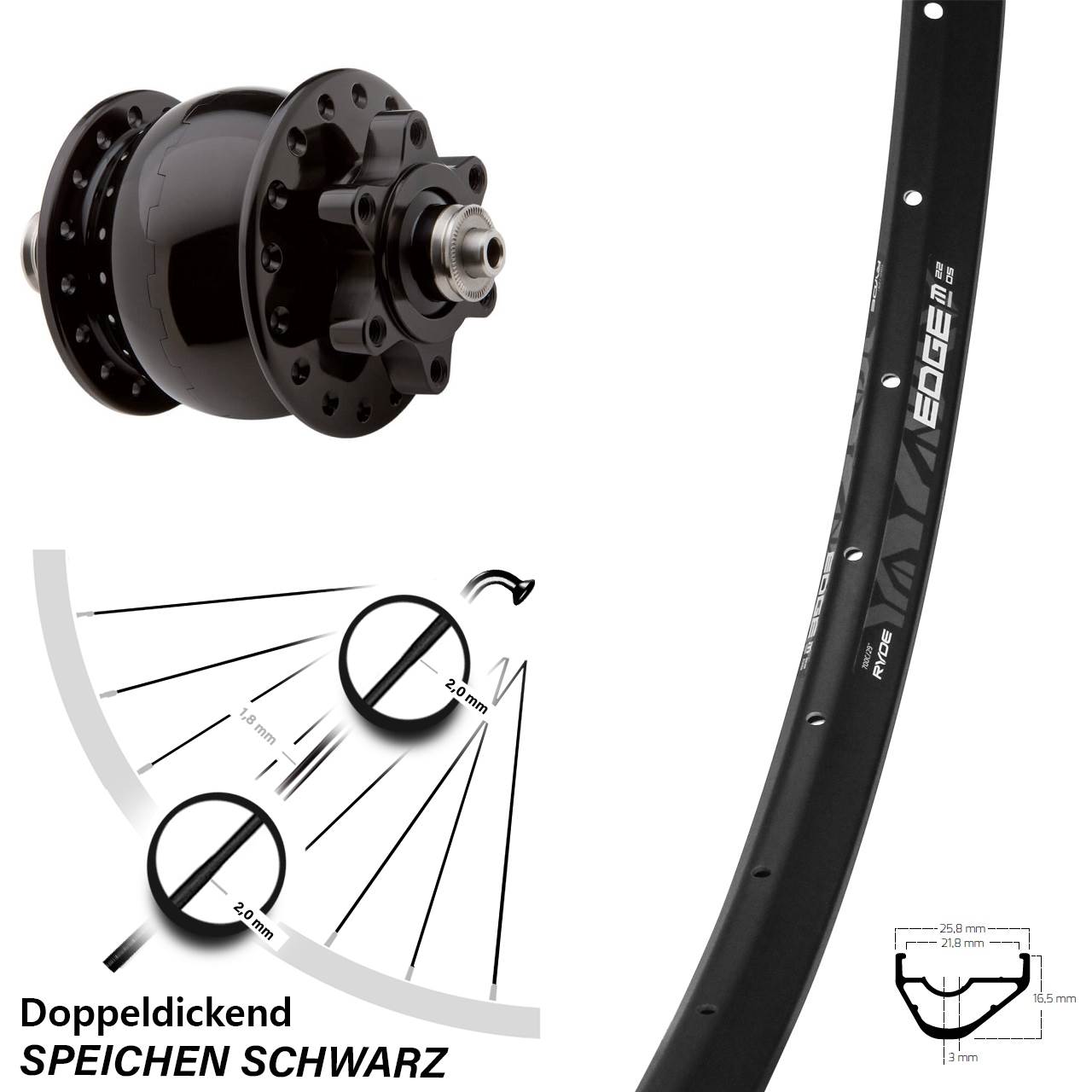 Vorderrad 29 Zoll Ryde Edge M22 OS schwarz SON 28 Nabendynamo Disc 6-Loch