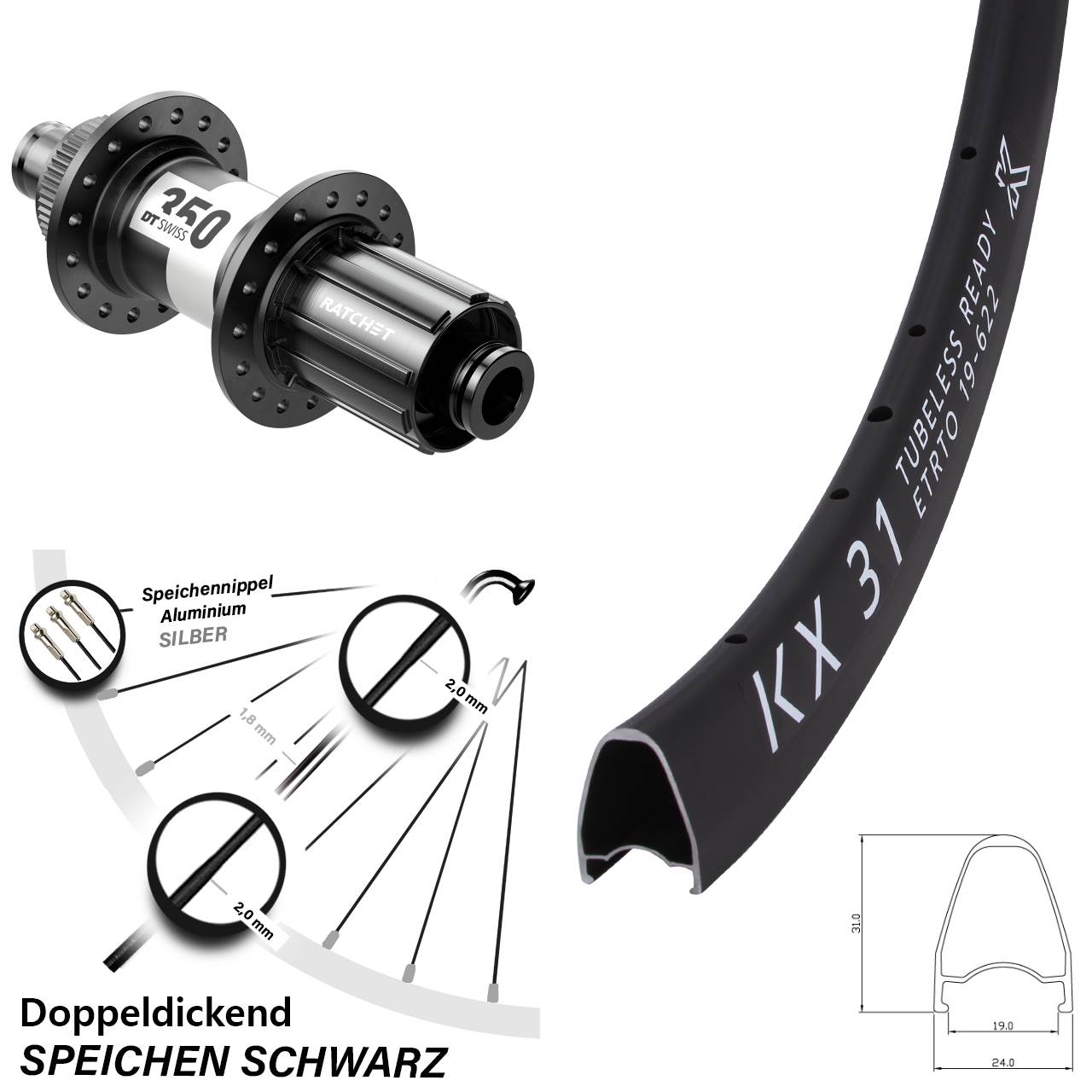 Centerlock Hinterrad 28 Zoll KX 31 DT Swiss 350 11-12 fach HG 12x142