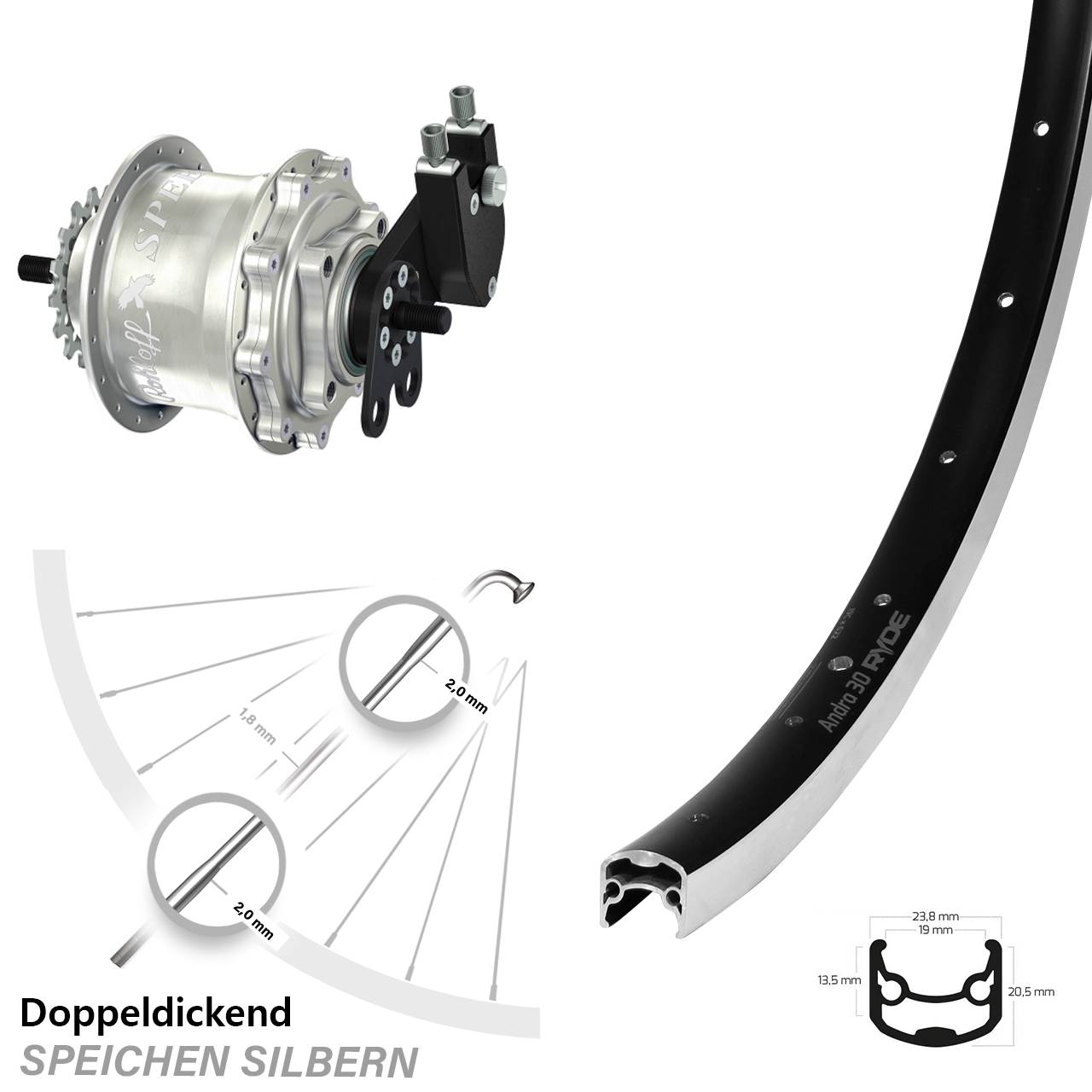 Andra 30 Hinterrad 28 Zoll mit Rohloff TS DB Speedhub silbern