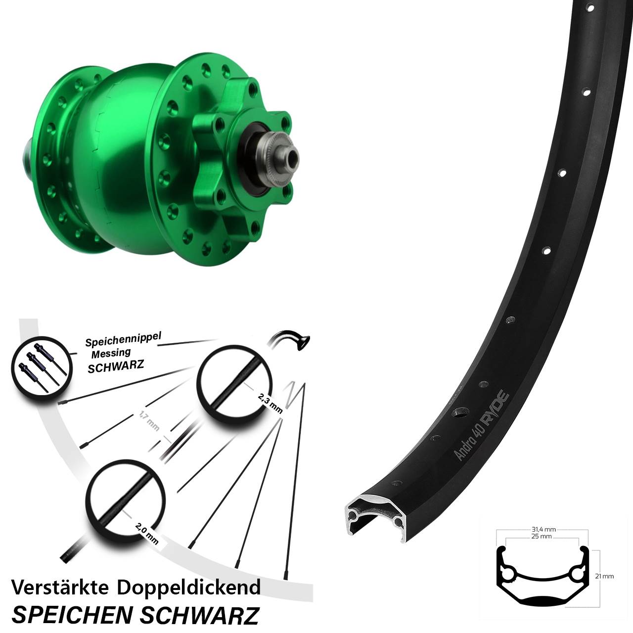 6-Loch Dynamo-Vorderrad 29 Zoll Ryde Andra 40 Disc SON 28 grün für Schnellspanner