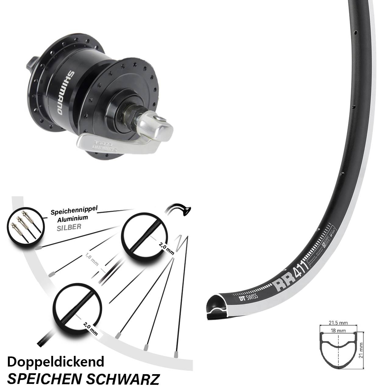 DT Swiss RR 411 Shimano DH3N72 28 Zoll Laufrad mit Nabendynamo für Schnellspanner
