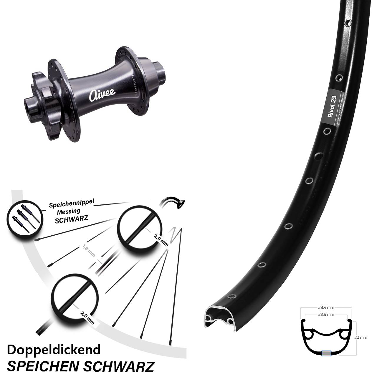 Laufrad 27,5 Zoll Ryde Rival 23 Disc schwarz Aivee Classic 15x110 6-Loch
