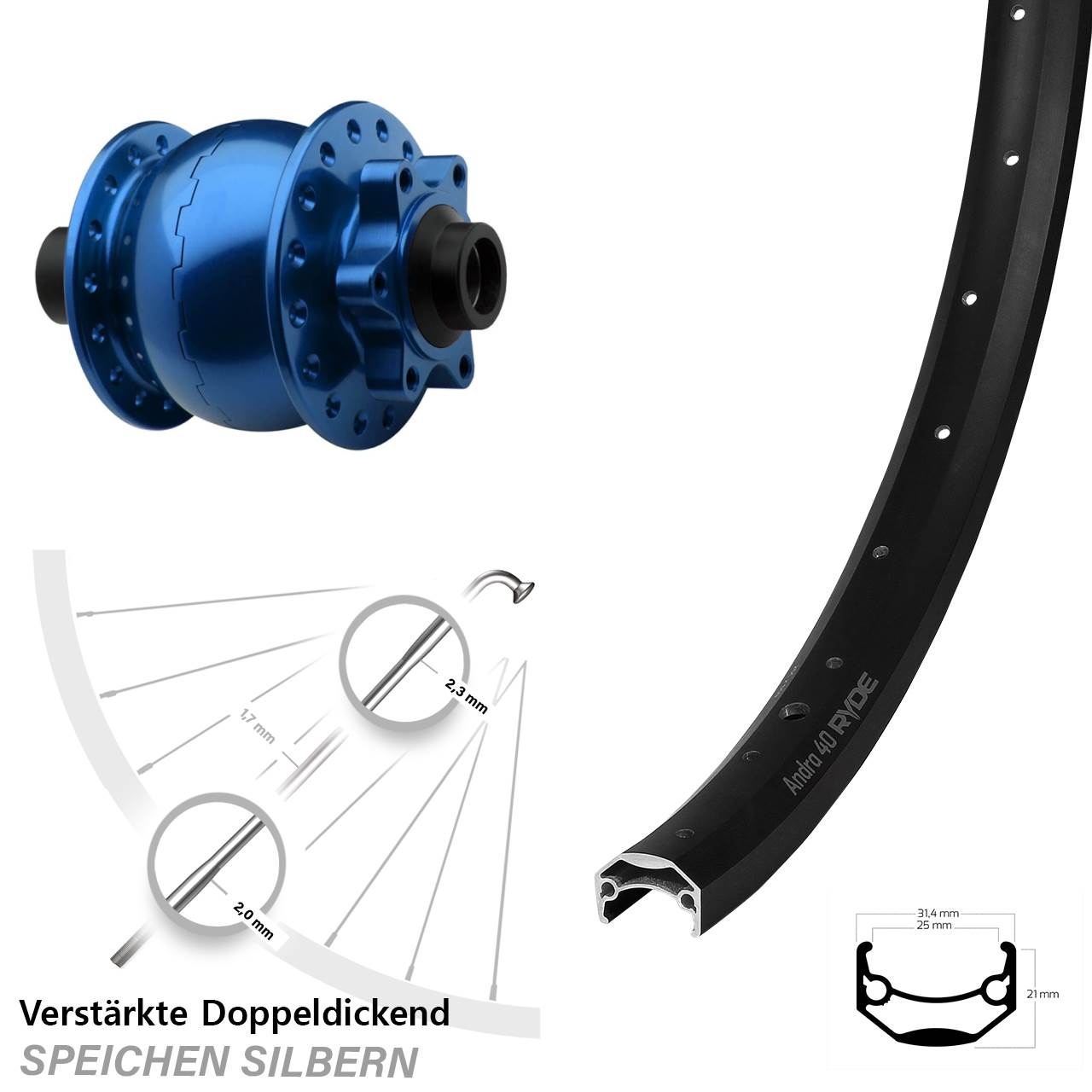 Disc Nabendynamolaufrad 15x100 20 Zoll Ryde Andra 40 SON 28 blau