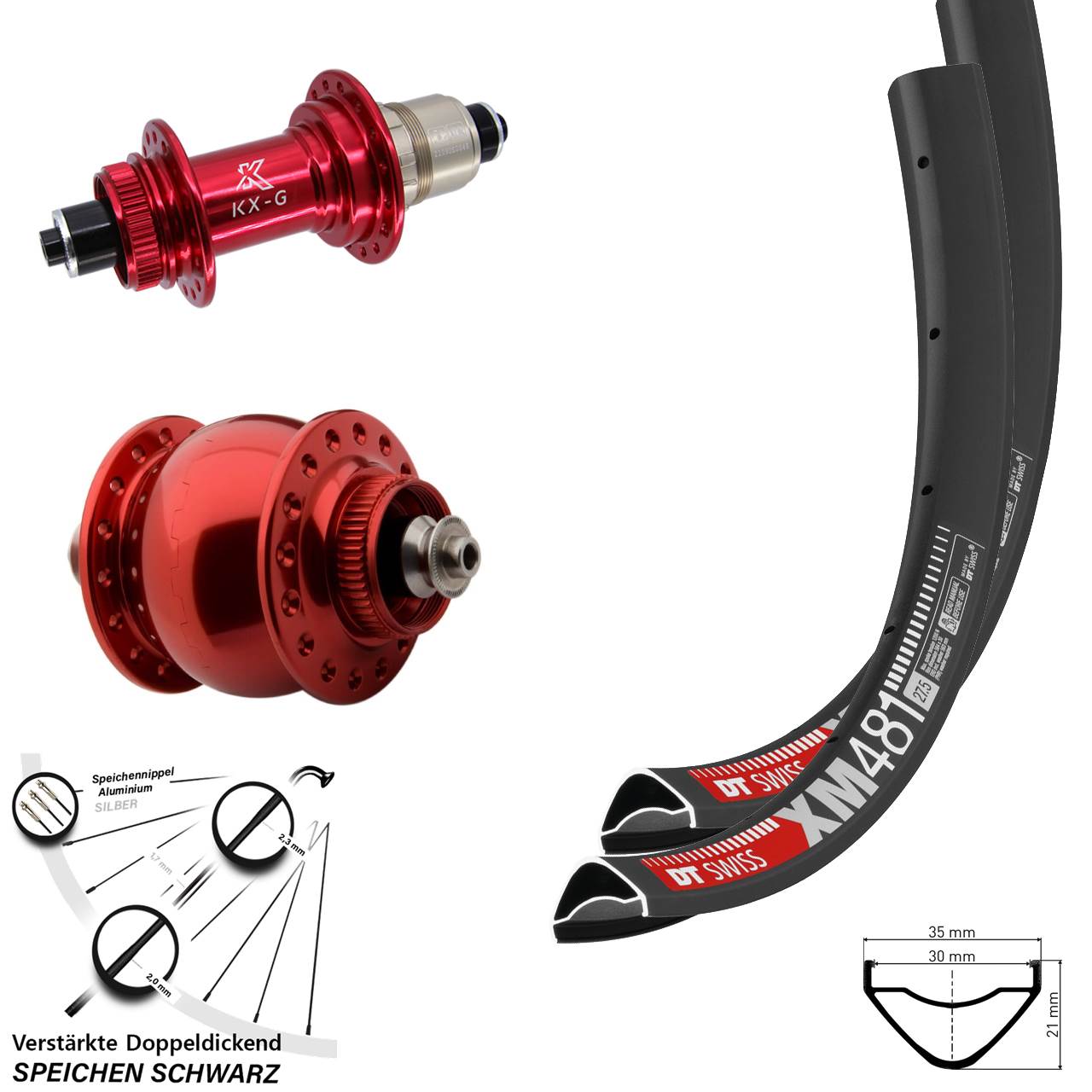 Laufradsatz 27,5 Zoll DT Swiss XM481 KX-G rot SON delux SRAM XDR für Schnellspanner