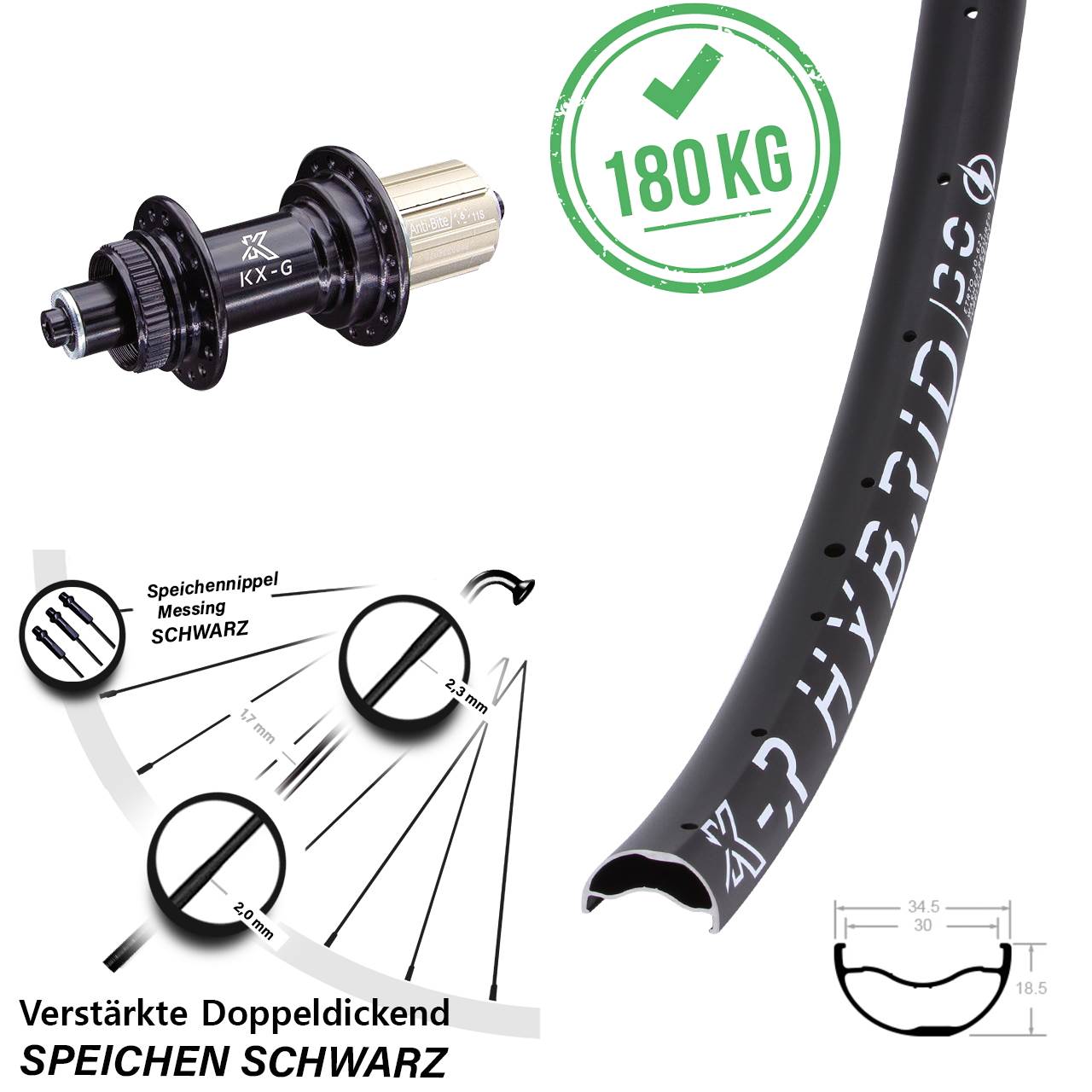 29 Zoll KX-GR Hybrid 30 Centerlock Hinterrad für Schnellspanner 8-12 fach