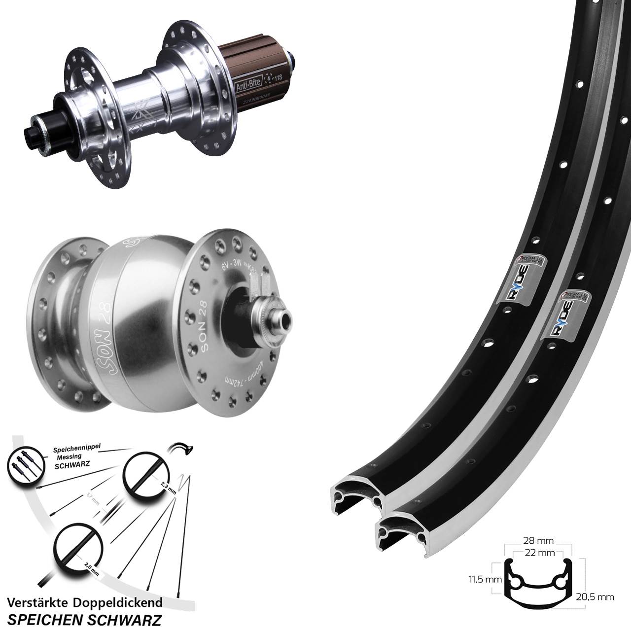 27,5 Zoll Ryde Andra 35 KX-T SON 28 Laufradsatz für Schnellspanner 8-12 fach