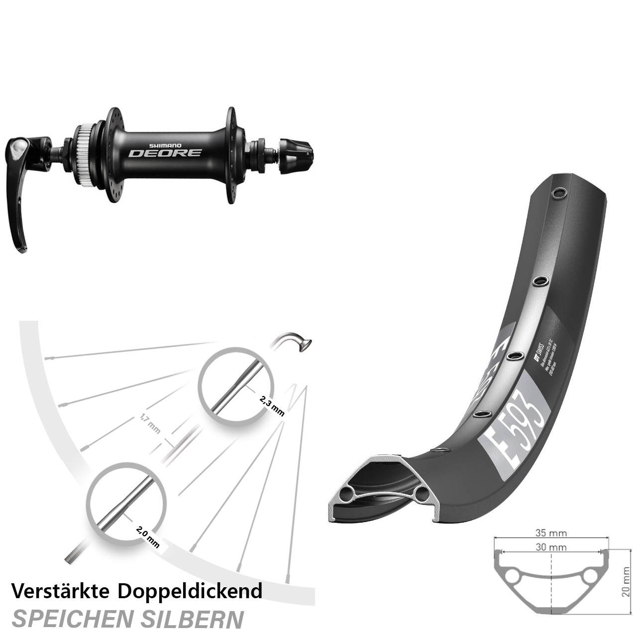 29 Zoll DT Swiss E593 Shimano Deore Centerlock Vorderrad für Schnellspanner