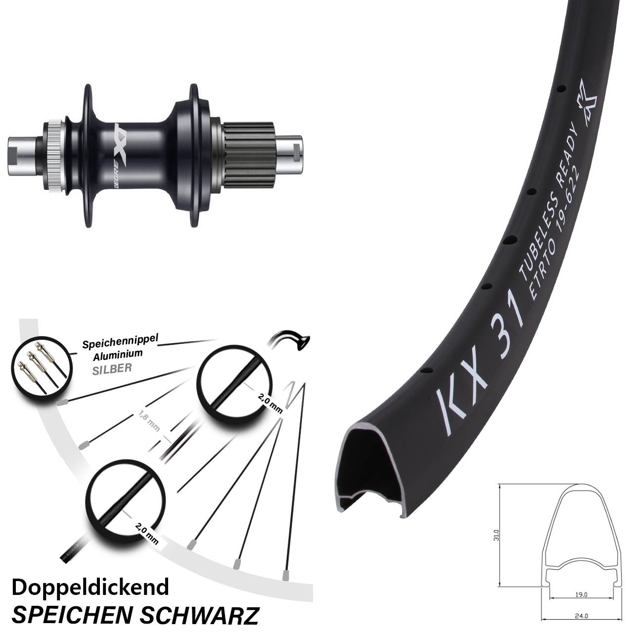 Hinterrad Centerlock 12x142 28 Zoll KX 31 Shimano XT Micro Spline