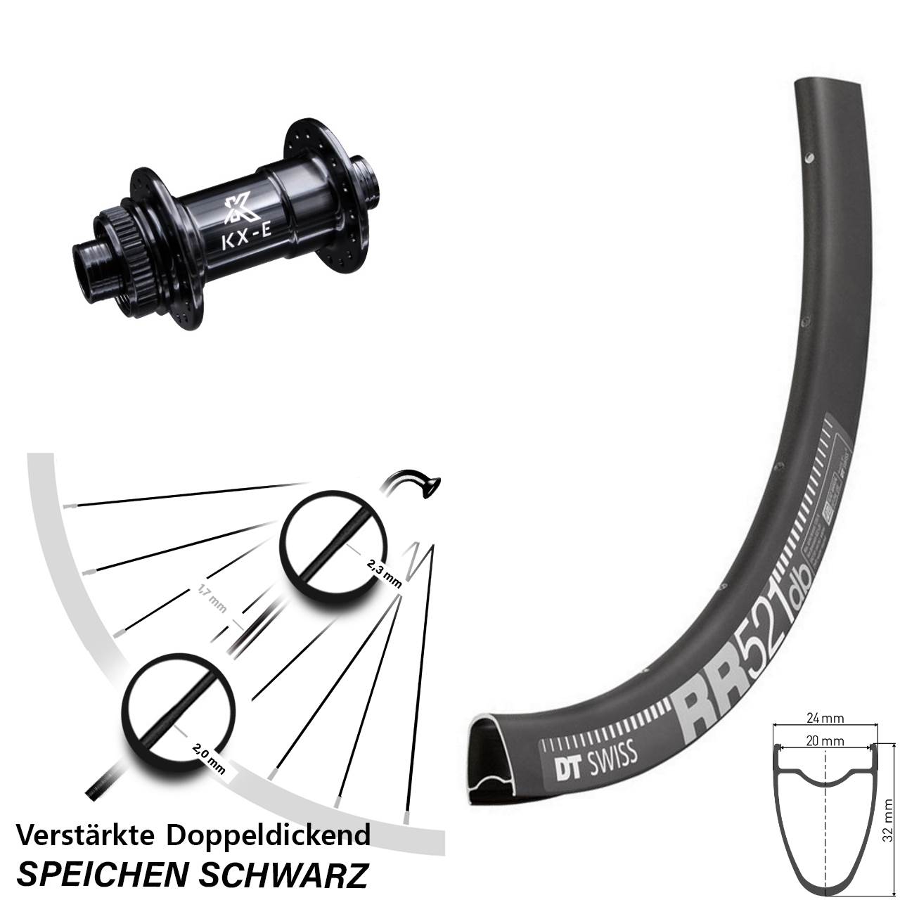 Vorderrad Centerlock 15x100 28 Zoll DT Swiss RR521 KX-E 4-fach gelagert