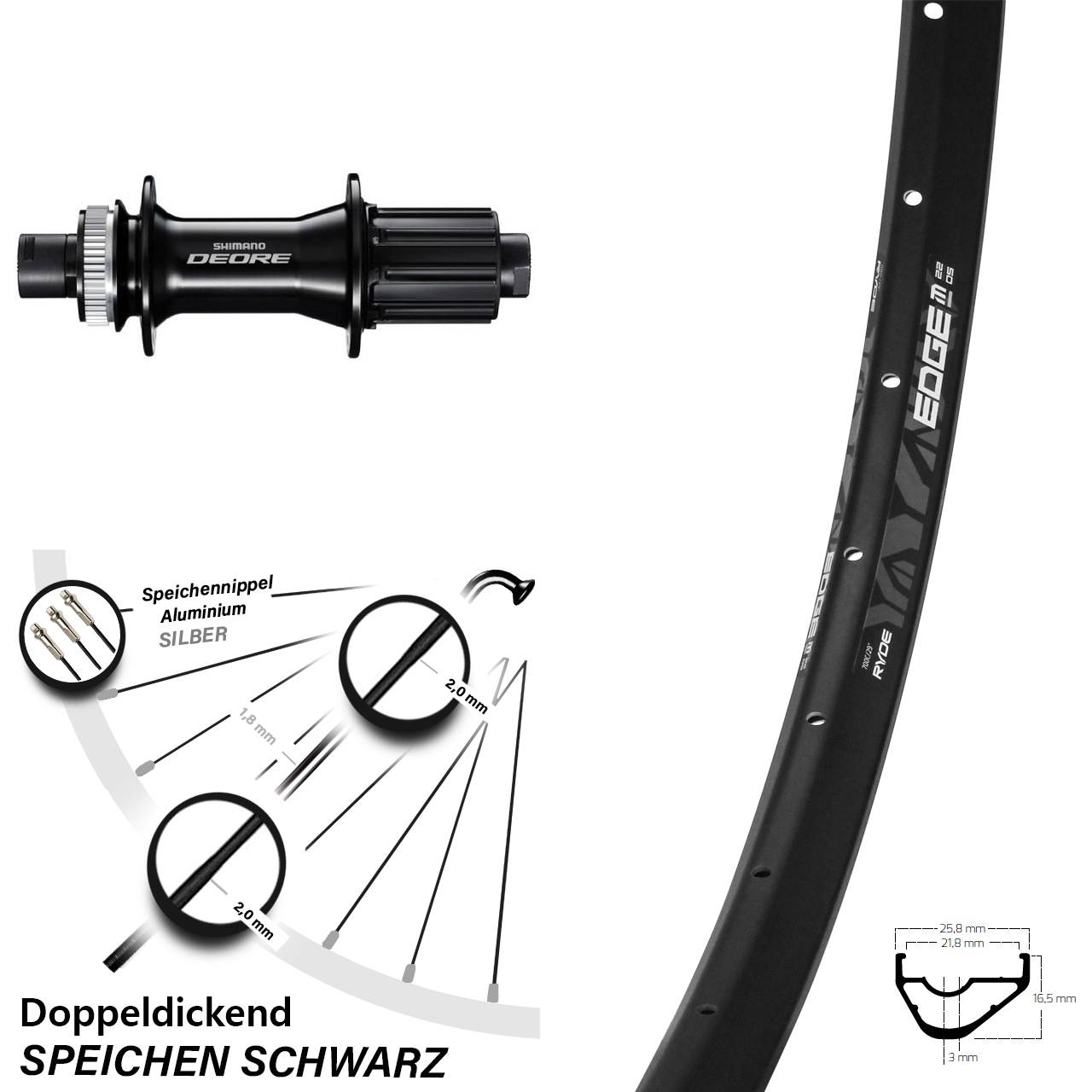 Hinterrad Centerlock 29 Zoll Ryde Edge M22 Shimano Deore 8-11 fach 12x148