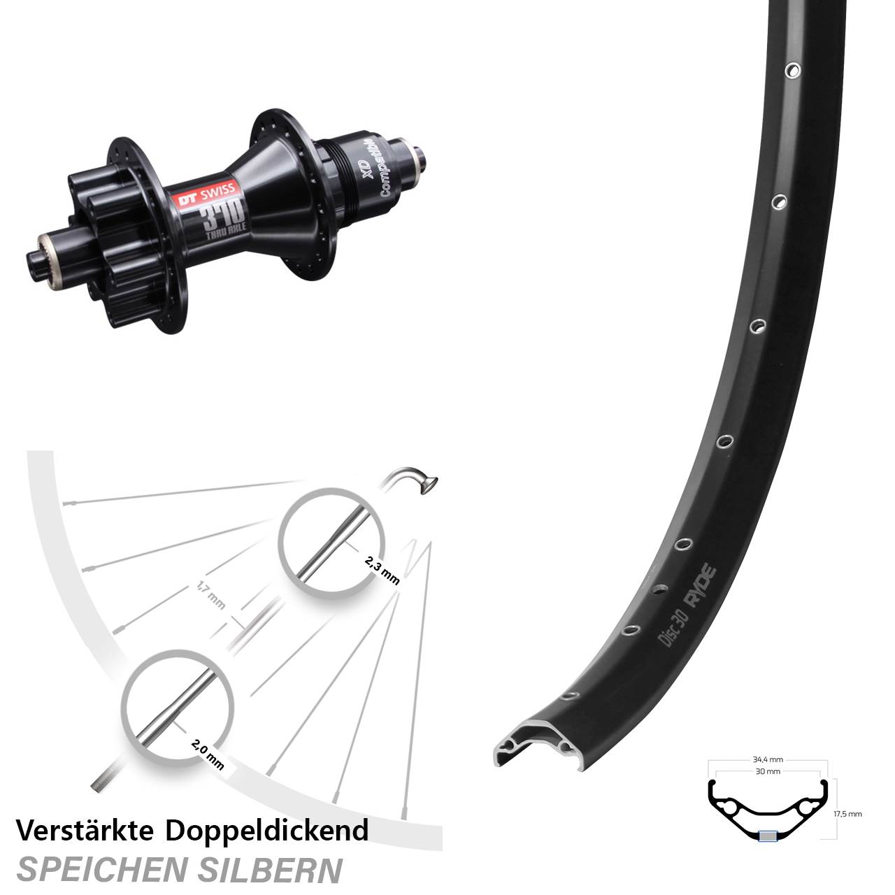 29 Zoll Ryde Disc 30 DT Swiss 370 Laufrad für Schnellspanner SRAM XD