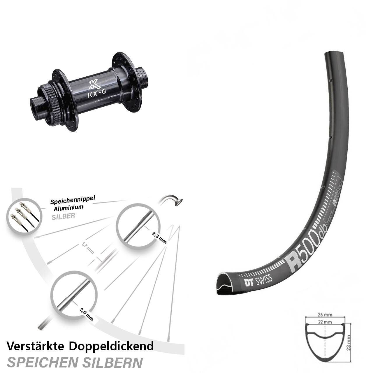 Road Disc DT Swiss R 500 Vorderrad 28 Zoll verstärkt mit KX-G Nabe 12x100 mm Centerlock