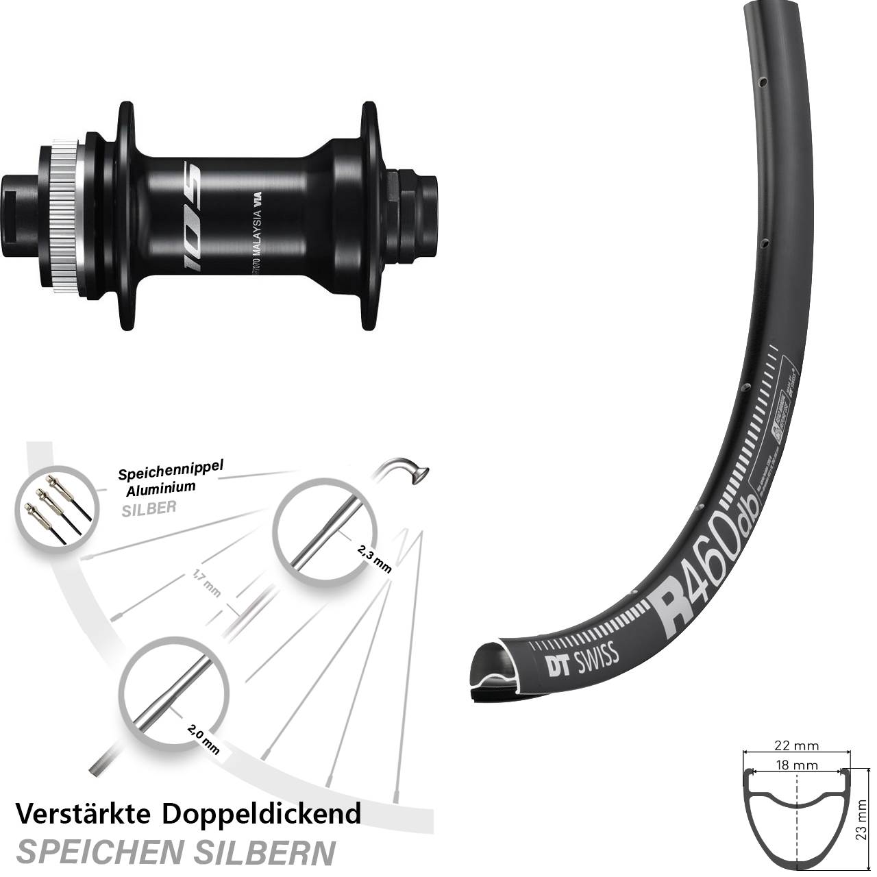 28 Zoll DT Swiss R 460 Disc Shimano 105 Centerlock Vorderrad 12x100