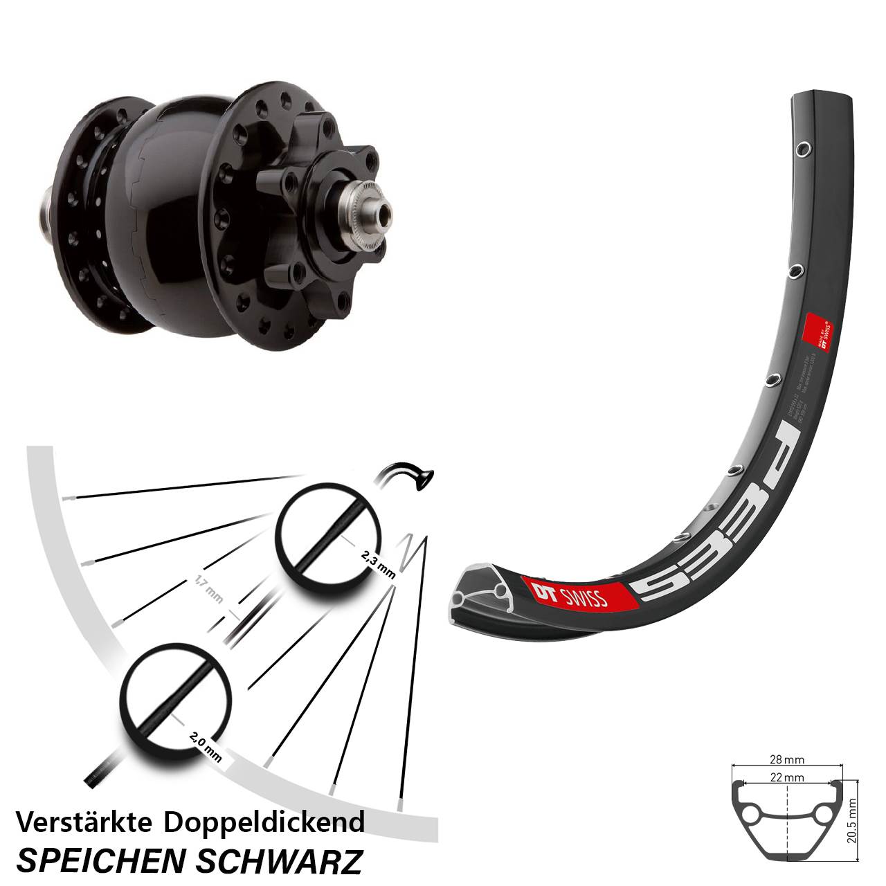 650B DT Swiss 533d SON 28 6-Loch Dynamo-Vorderrad für Schnellspanner