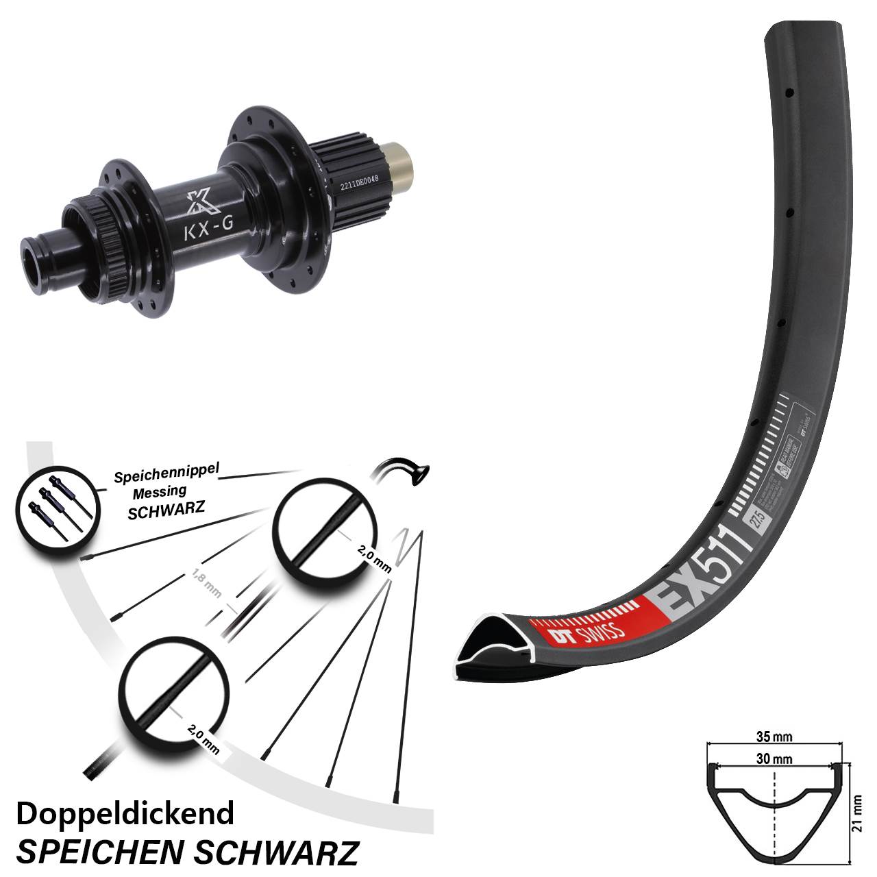 Hinterrad 27,5 Zoll DT Swiss EX 511 KX-G Micro Spline 12x142