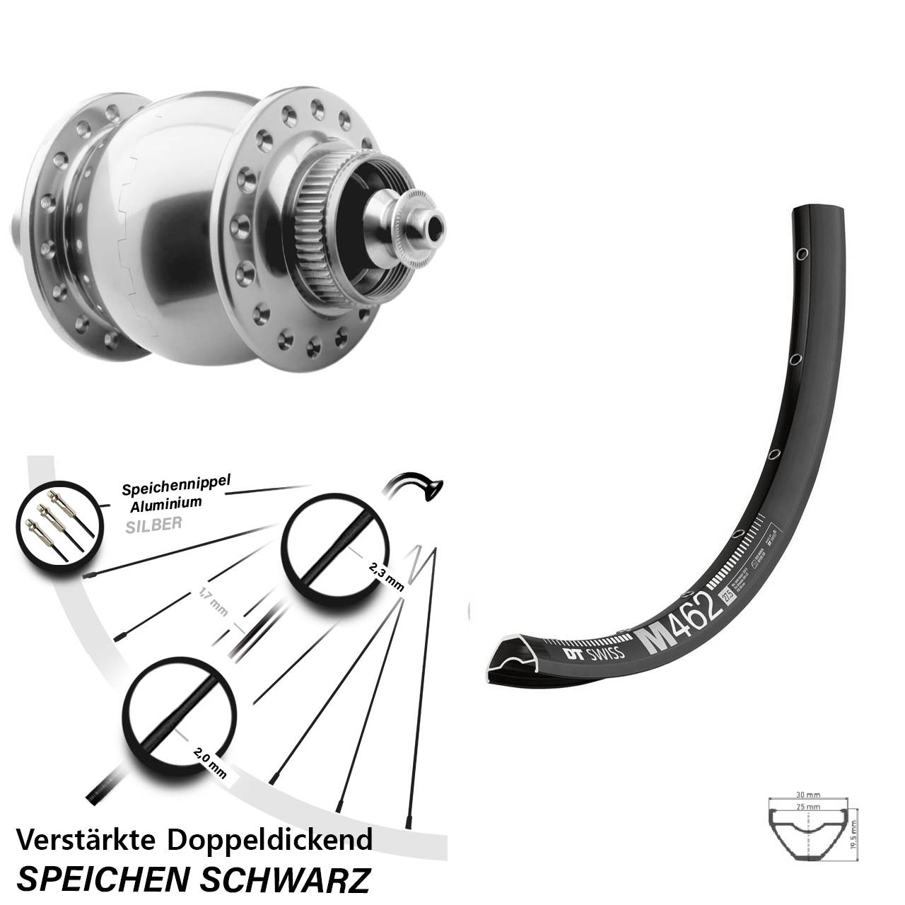 Disc 29 Zoll Nabendynamovorderrad DT Swiss M462 SON 28 QR