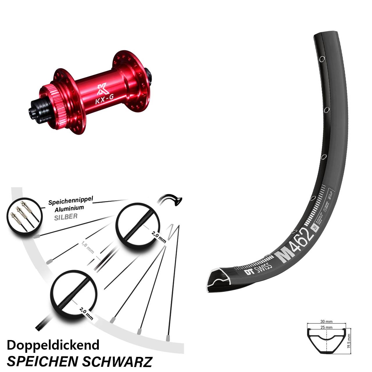 27,5 Zoll DT Swiss M 462 KX-G rot Disc Laufrad QR