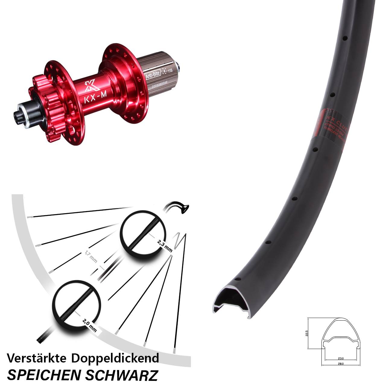 KX-M Clue rot 6-Loch 650B Hinterrad für Schnellspanner 8-12 fach HG