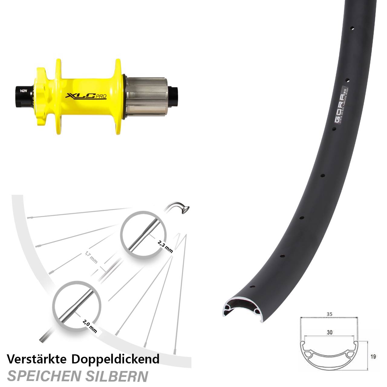 6-Loch Hinterrad 20 Zoll Gora 30 XLC Pro gelb 8-11 fach HG 12x142
