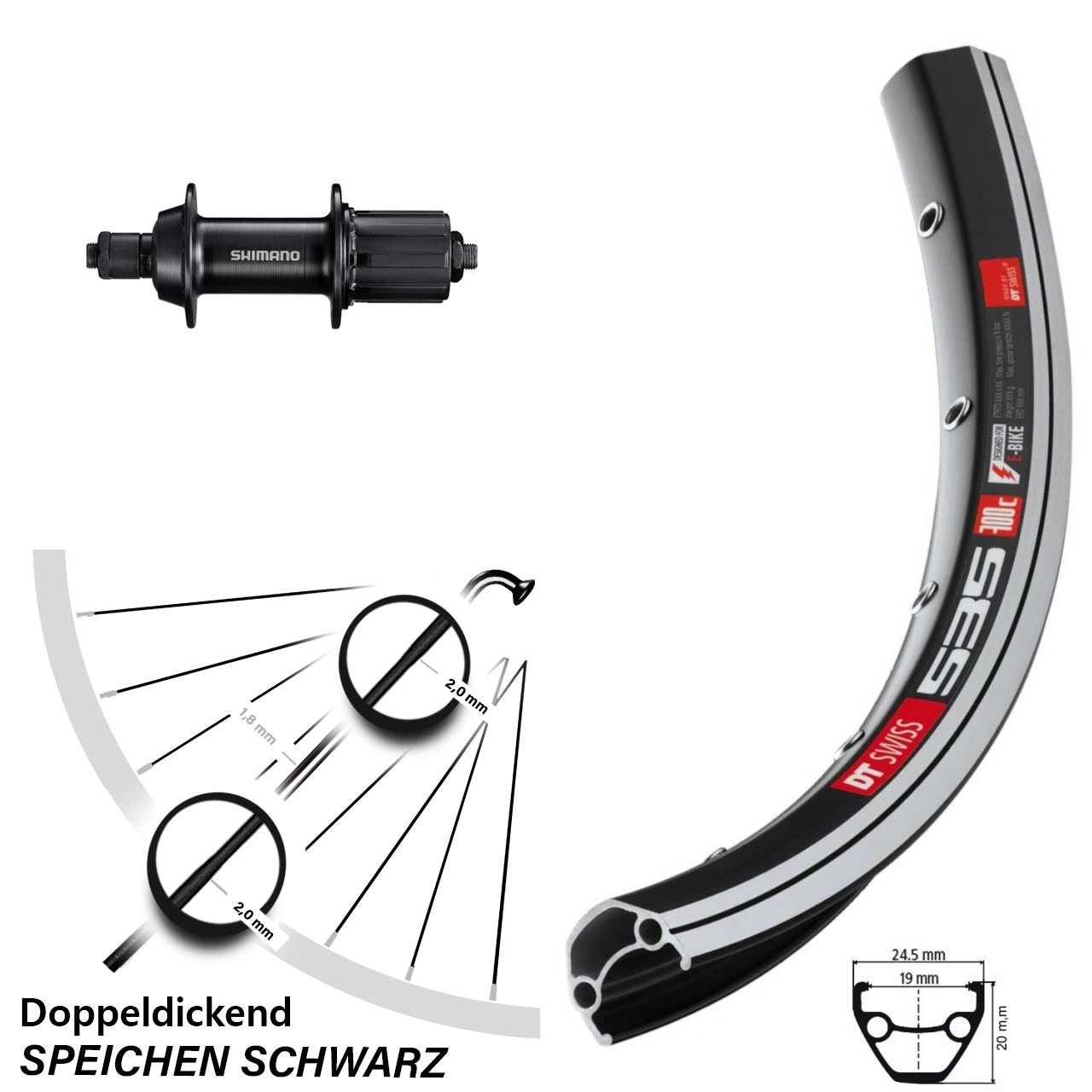 Laufrad 26 Zoll DT Swiss 535 schwarz Shimano FH-TY500 7 fach