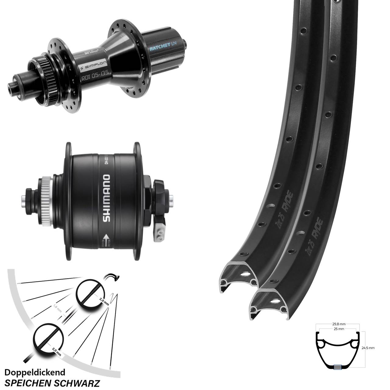 Ryde ZAC 25 DT Swiss 370 Hybrid Shimano DH-3D37 29 Zoll Disc Laufrad-Satz QR 8-11 fach HG