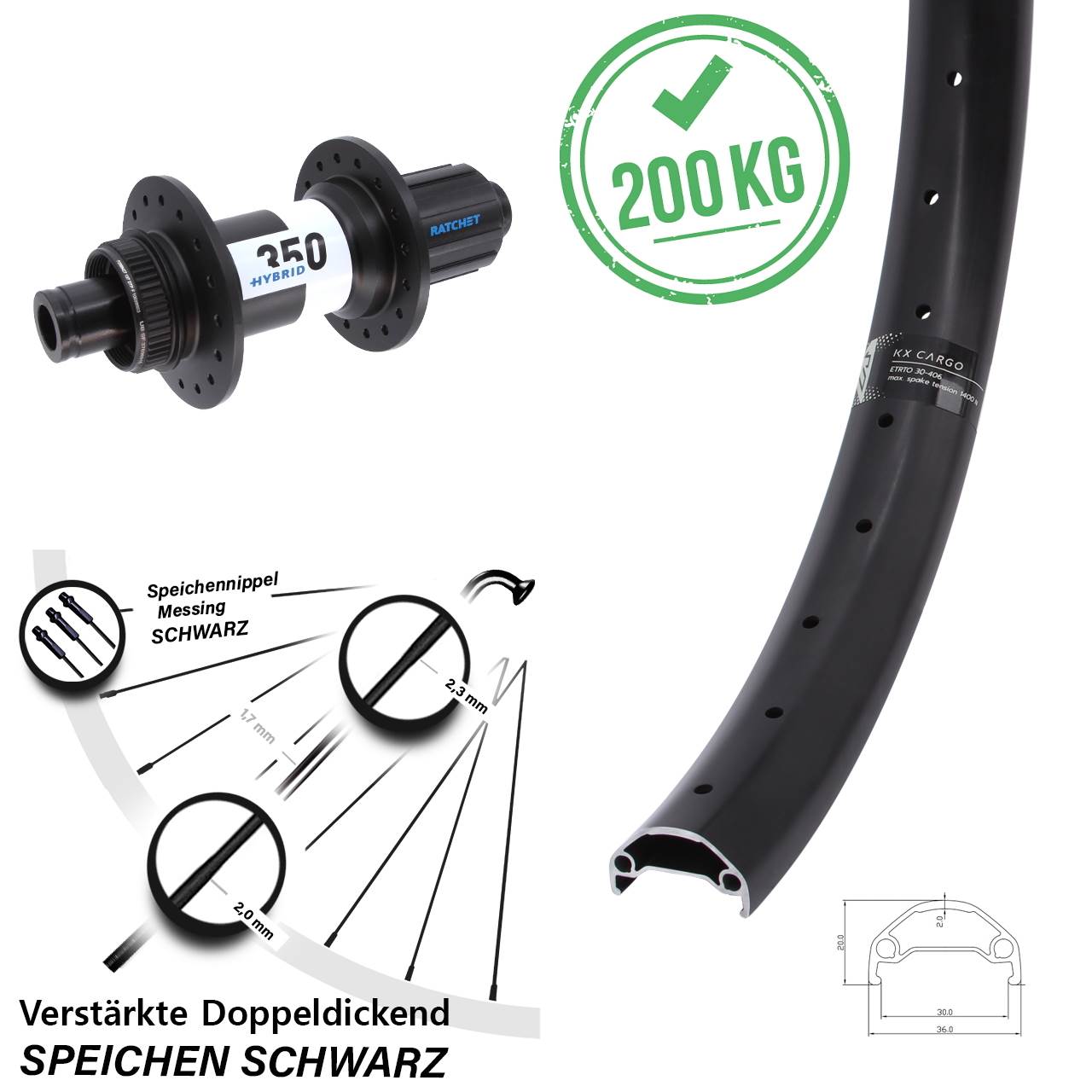 26 Zoll KX Cargo DT Swiss 350 Hybrid Boost Hinterrad Centerlock 12x148 8-11 fach
