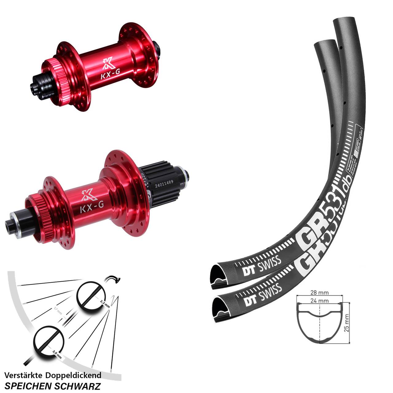 28 Zoll DT Swiss GR531 KX-G rot Disc Laufradsatz für Schnellspanner Shimano Micro Spline
