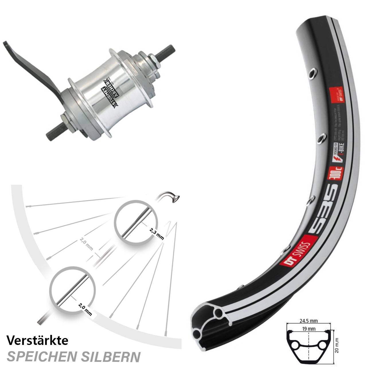 DT Swiss 535 Hinterrad 26 Zoll Sturmey Archer Duomatic 2 Gang Rücktritt Speichen silbern