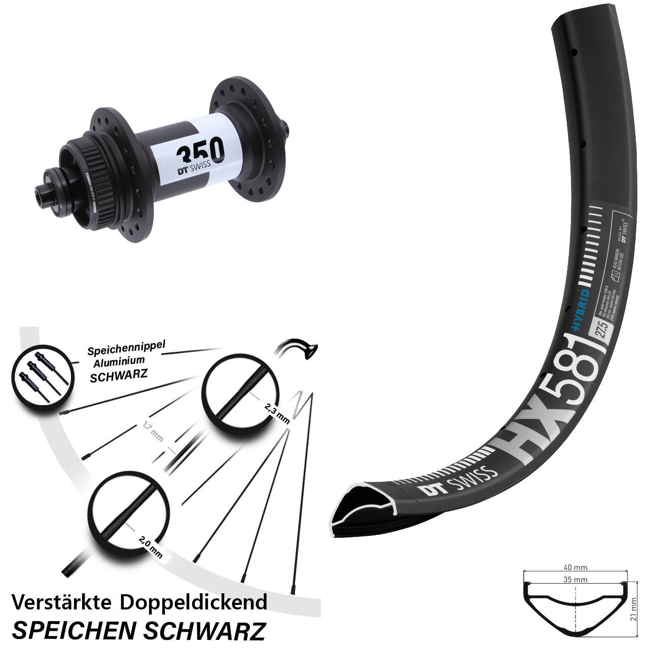 DT Swiss HX581-350 27,5 Zoll Disc Laufrad für Schnellspanner