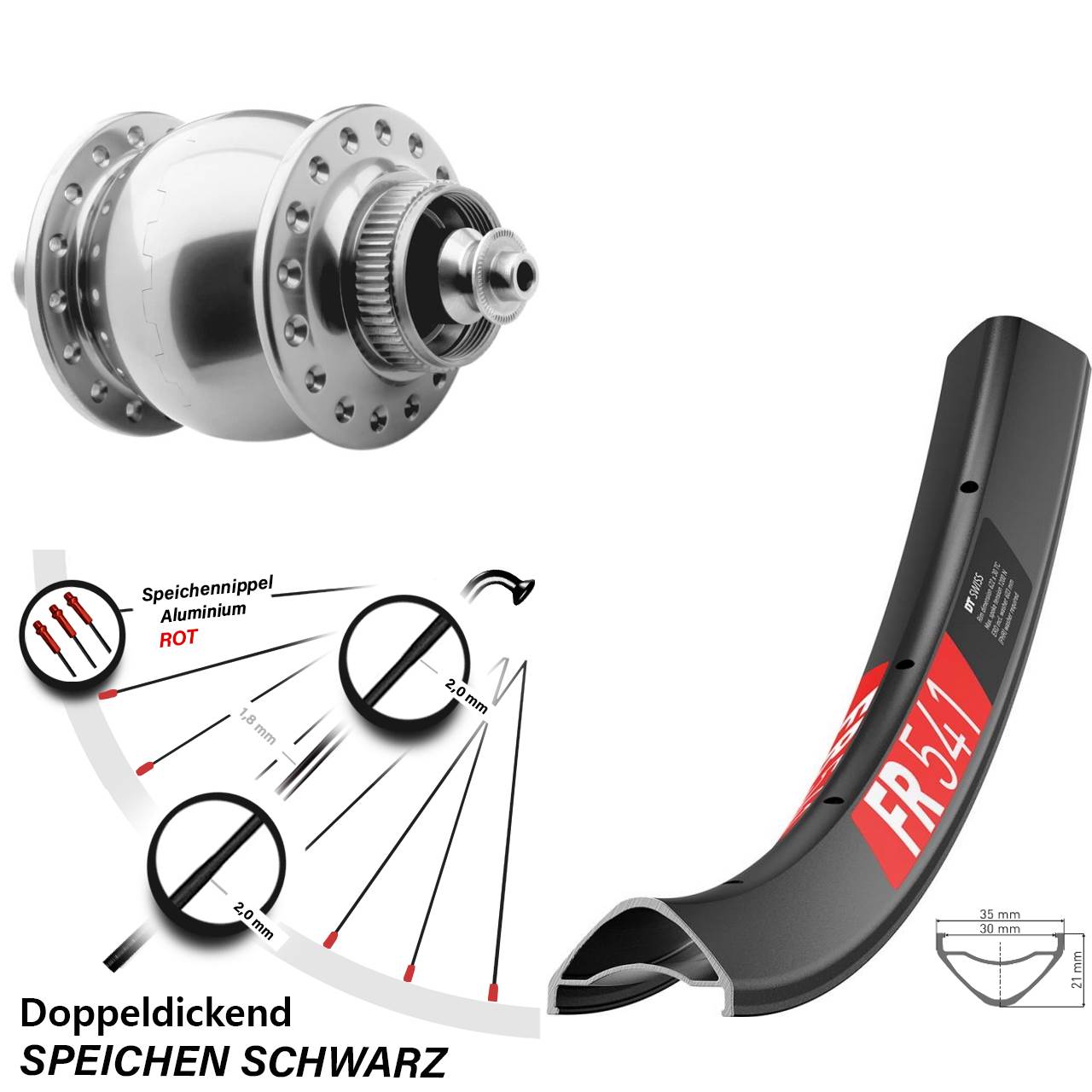 27,5 Zoll DT Swiss FR541 SON 28 silbern Centerlock Vorderrad mit Nabendynamo QR