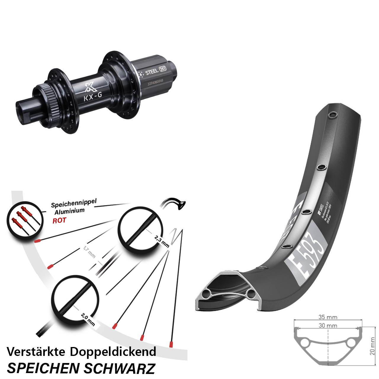 DT Swiss E593 KX-GS Stahl Freilauf 27,5 Zoll Centerlock Hinterrad 12x142 8-12 fach HG