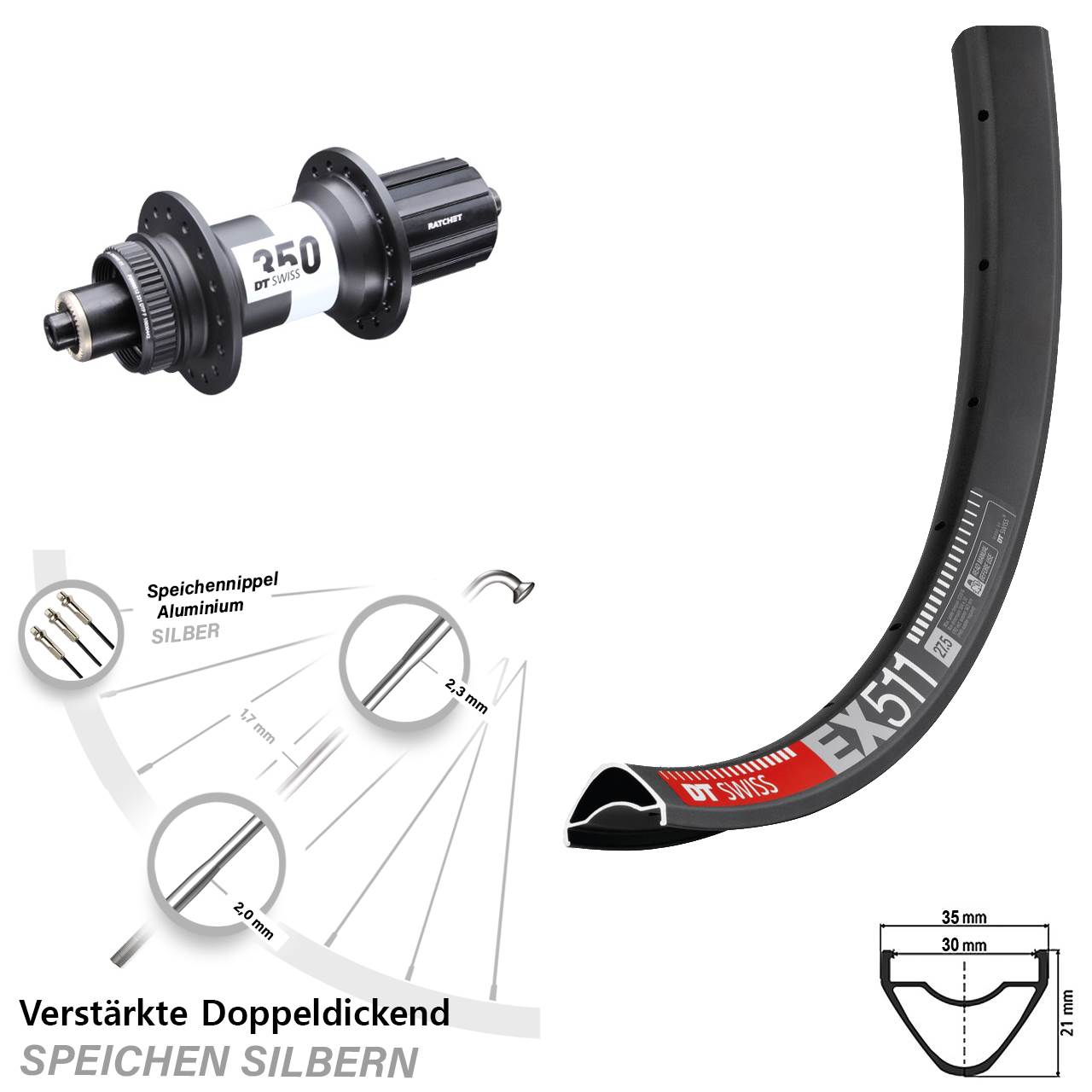 DT Swiss EX511-350 Ratchet 36 29 Zoll Laufrad QR Centerlock 8-11 fach HG