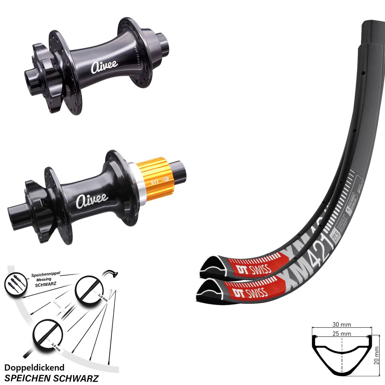 29 Zoll Boost Laufradsatz Tubeless DT Swiss XM 421 mit Aivee Classic Nabe Shimano
